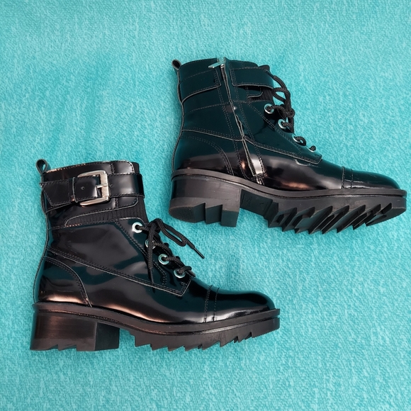 Marc Fisher Boots, Womens sz 6, Bristyn Black Patent Combat Lug Sole - Picture 4 of 11